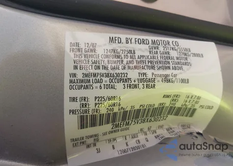 2008 Mercury Grand Marquis Ls z USA, uszkodzony, nr VIN 2MEFM75V38X630232